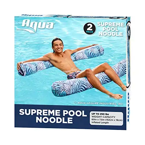 Aqua Oversized Inflatable Pool Noodle – 2 Pack – Soft Mesh Jumbo Noodle Pool Float – Blue/White Fern